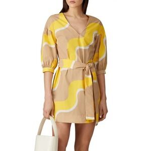 Chinti & Parker Yellow Tan Abstract Wave Print Cotton Mini Dress US 2 UK 6